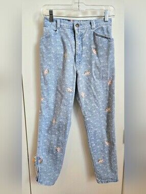 Vintage Italian Fiorucci Light Blue Straight-Leg Jeans with Pink Angel Pattern